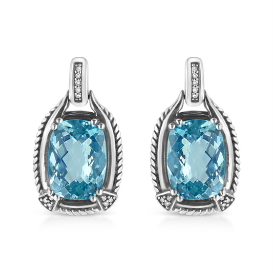 .925 Sterling Silver 14x10MM Cushion Cut Blue Topaz Gemstone and Diamond Accent Dangle Earring (I-J Color, I1-I2 Clarity) Bids.com