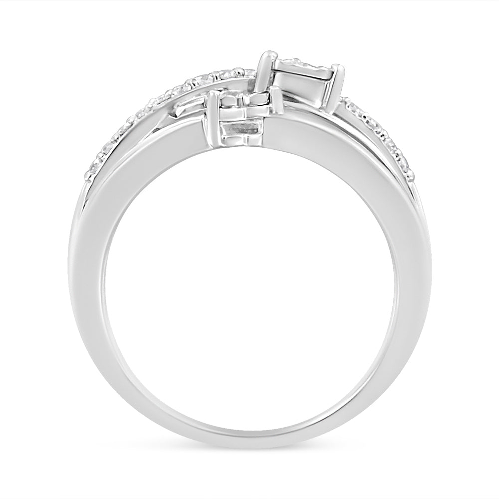 .925 Sterling Silver 1/5 Cttw Miracle-Set Diamond Heart Cross-Over Bypass Ring (I-J Color, I2-I3 Clarity) - Size 7 Bids.com