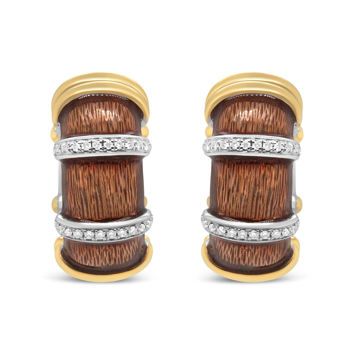 18K Yellow and White Gold Flash Plated .925 Sterling Silver Clear Brown Enamel 9/10 Cttw Round Diamonds Huggie Hoop Earrings (F-G Color, VS1-VS2 Clarity) Bids.com