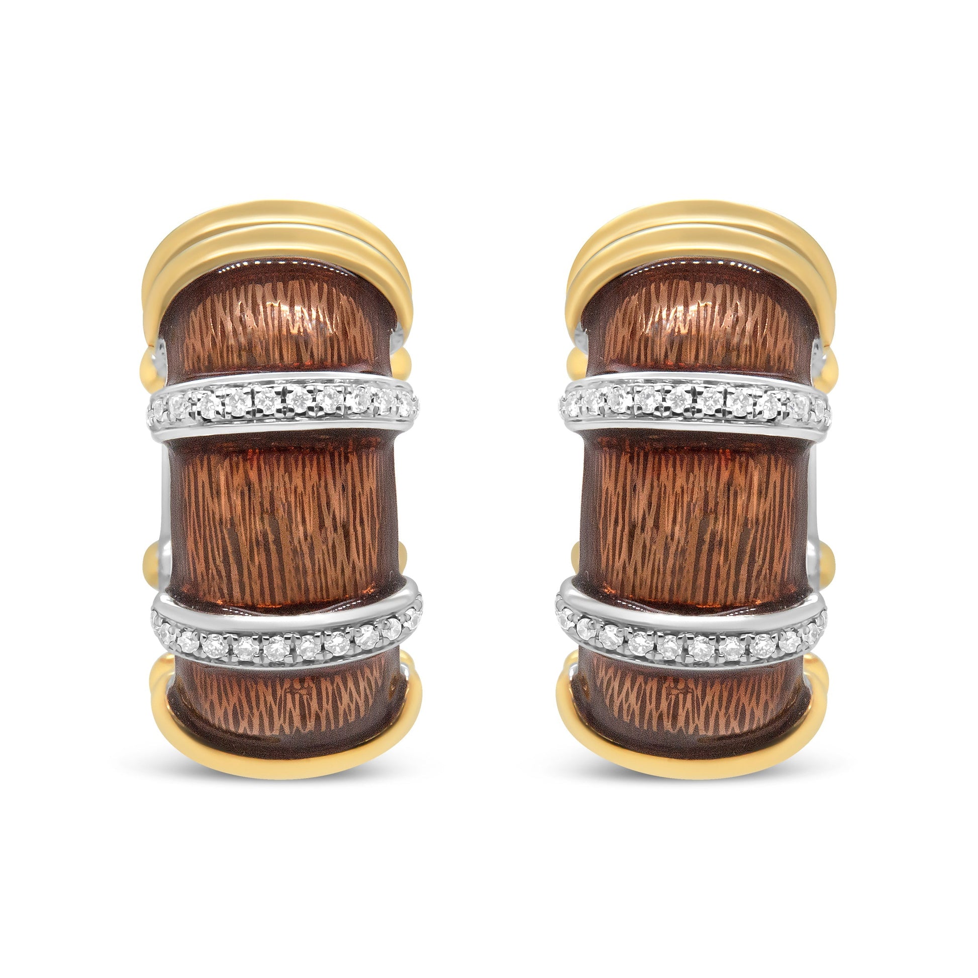 18K Yellow and White Gold Flash Plated .925 Sterling Silver Clear Brown Enamel 9/10 Cttw Round Diamonds Huggie Hoop Earrings (F-G Color, VS1-VS2 Clarity) Bids.com