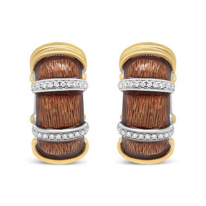 18K Yellow and White Gold Flash Plated .925 Sterling Silver Clear Brown Enamel 9/10 Cttw Round Diamonds Huggie Hoop Earrings (F-G Color, VS1-VS2 Clarity) Bids.com