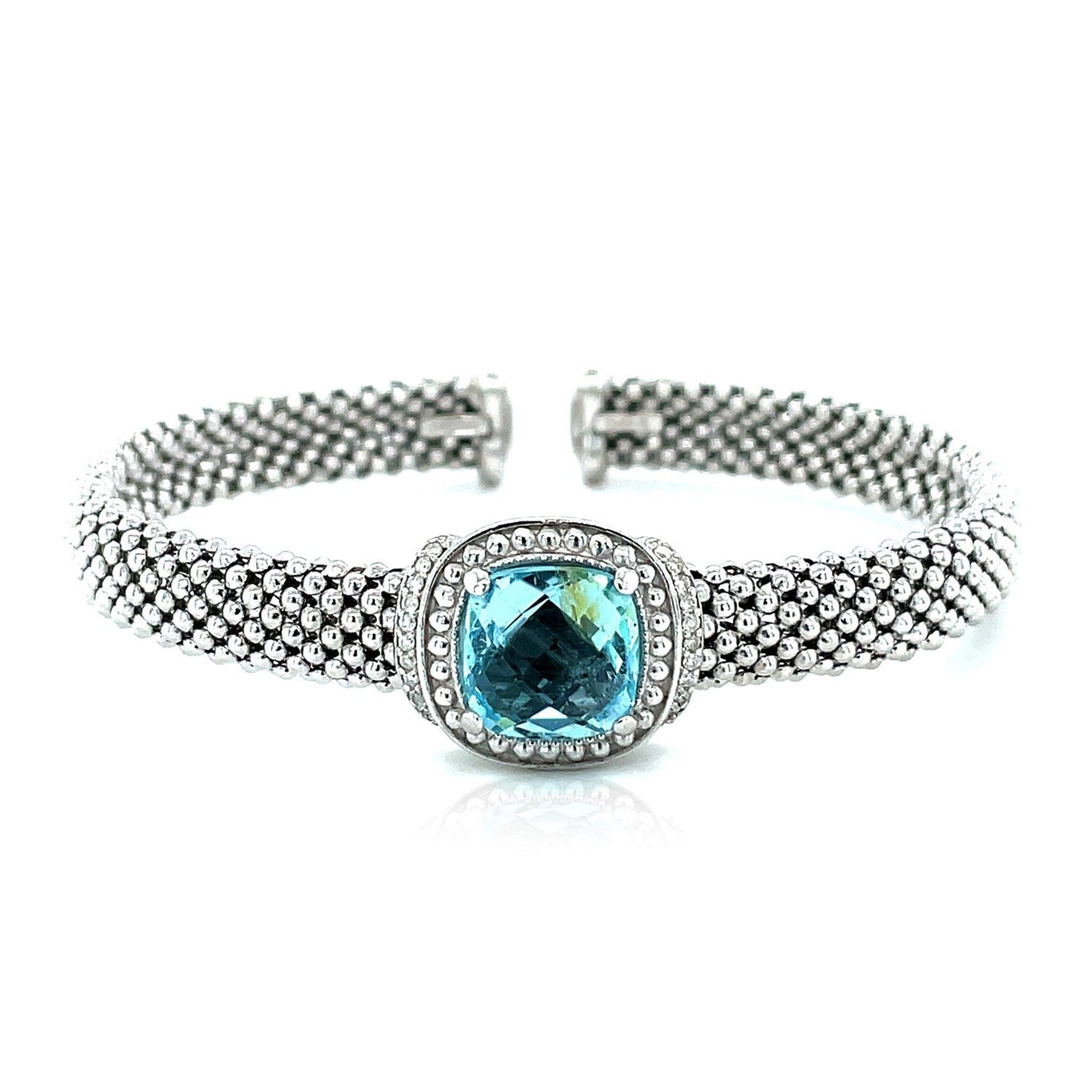 Popcorn Texture Cuff Bangle with Blue Topaz and Diamonds in Sterling Silver Bids.com