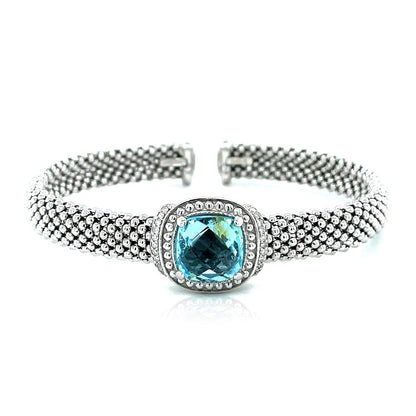 Popcorn Texture Cuff Bangle with Blue Topaz and Diamonds in Sterling Silver Bids.com