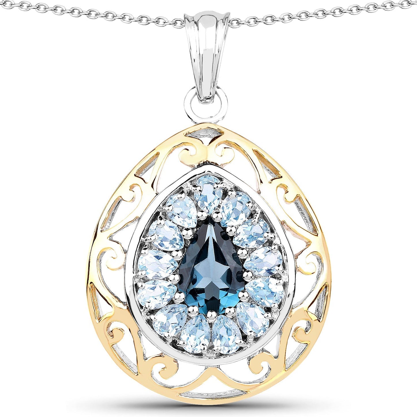 18K Yellow Gold Plated 4.44 Carat Genuine London Blue Topaz and Blue Topaz .925 Sterling Silver Pendant Bids.com