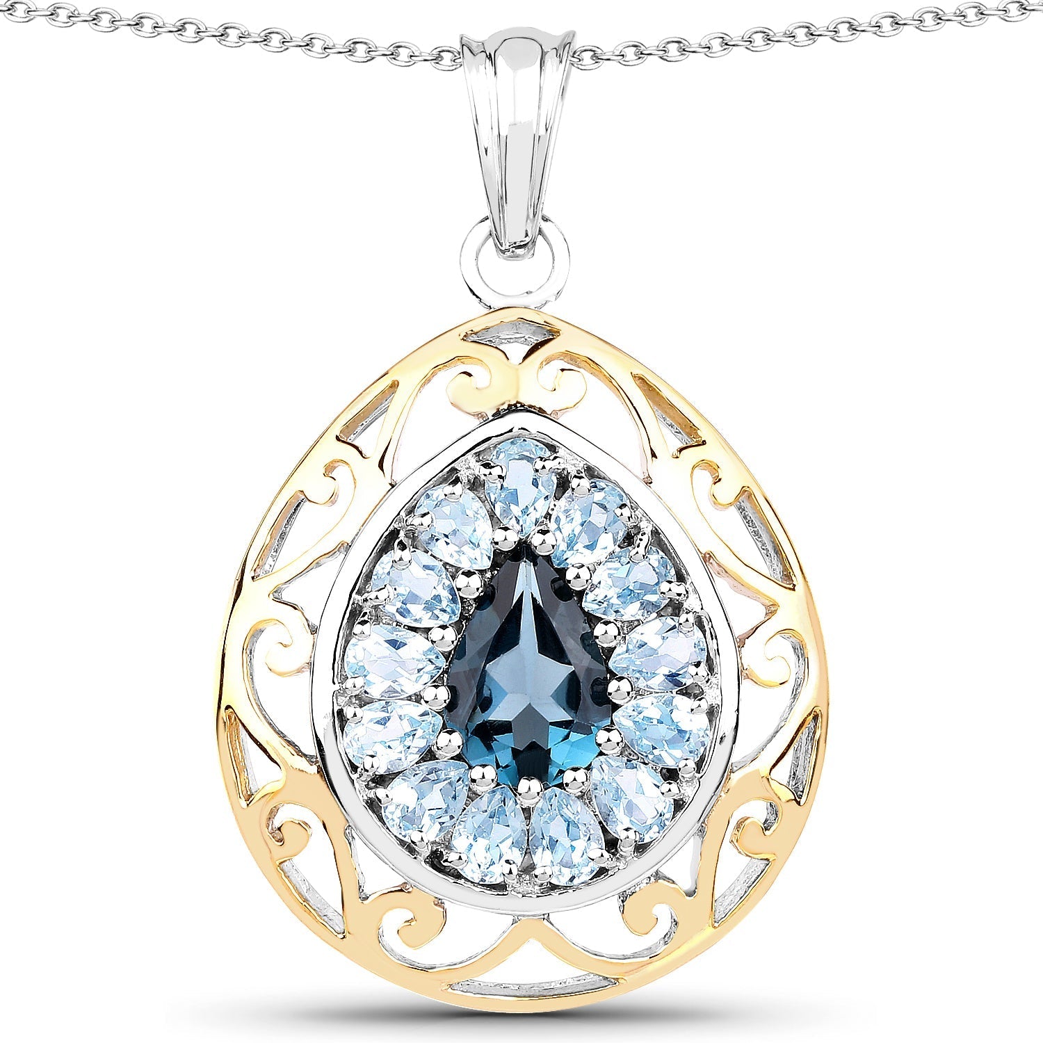 18K Yellow Gold Plated 4.44 Carat Genuine London Blue Topaz and Blue Topaz .925 Sterling Silver Pendant Bids.com