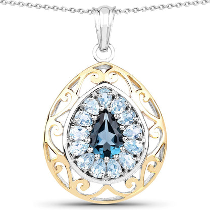 18K Yellow Gold Plated 4.44 Carat Genuine London Blue Topaz and Blue Topaz .925 Sterling Silver Pendant Bids.com