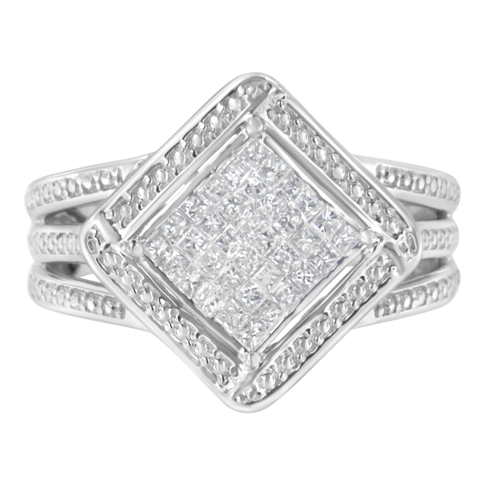 .925 Sterling Silver 2/5 Cttw Princess Cut Diamond Square On Point Cluster Composite Cocktail Ring (H-I Color, SI1-SI2 Clarity) - Size 6 Bids.com