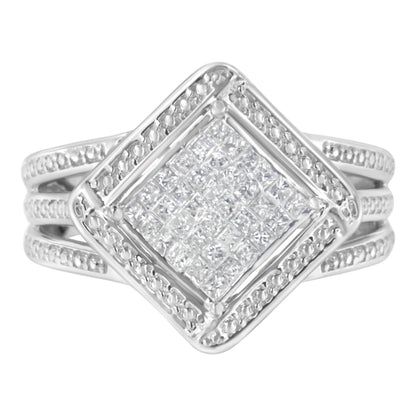 .925 Sterling Silver 2/5 Cttw Princess Cut Diamond Square On Point Cluster Composite Cocktail Ring (H-I Color, SI1-SI2 Clarity) - Size 6 Bids.com