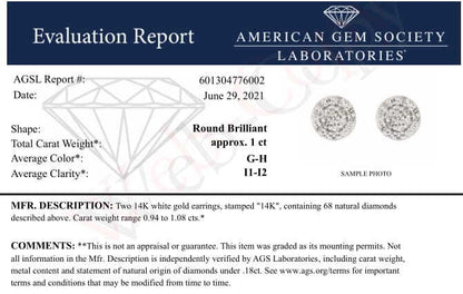 AGS Certified 14K White Gold 1.0 Cttw Brilliant-Cut Diamond Halo-Style Cluster Round Button Stud Earrings (G-H Color, I1-I2 Clarity) Bids.com