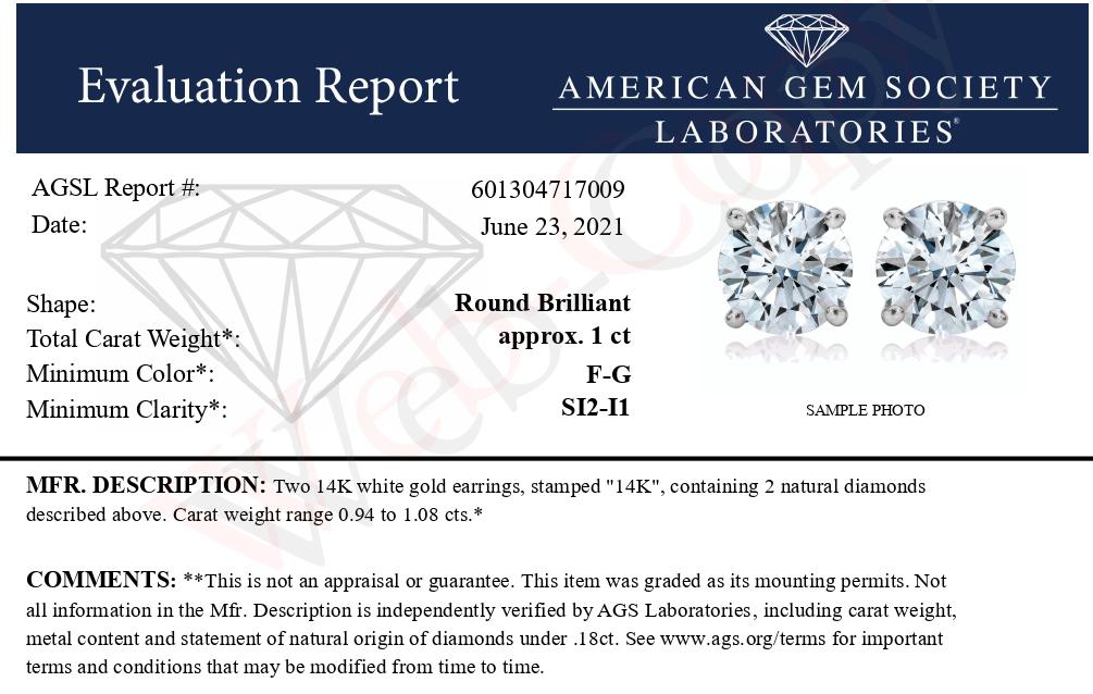 AGS Certified 14K White Gold 1.0 Cttw 4-Prong Set Brilliant Round-Cut Solitaire Diamond Push Back Stud Earrings (F-G Color, SI2-I1 Clarity) Bids.com