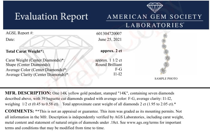AGS Certified 14K Yellow Gold 2.0 Cttw Baguette and Brilliant Round-Cut Diamond Journey 18" Pendant Necklace (F-G Color, I1-I2 Clarity) Bids.com