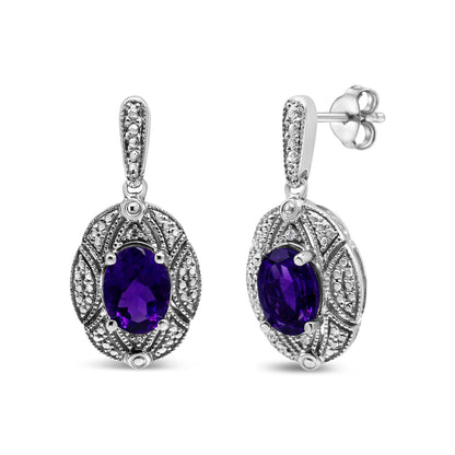 .925 Sterling Silver Diamond Accent and 8x6mm Purple Oval Amethyst Stud Earrings (I-J Color, I1-I2 Clarity) Bids.com