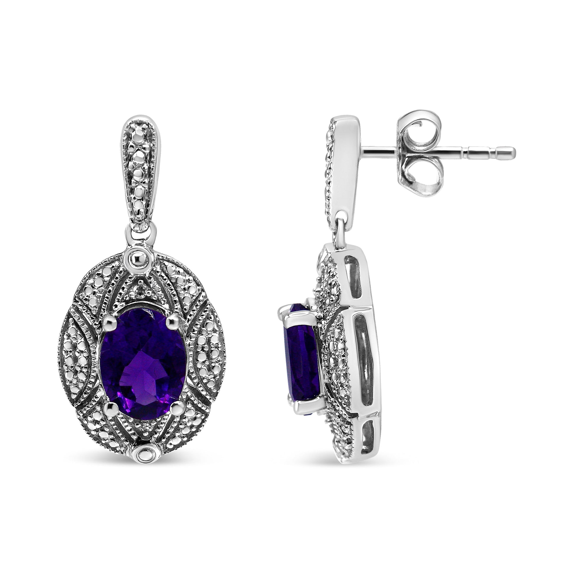 .925 Sterling Silver Diamond Accent and 8x6mm Purple Oval Amethyst Stud Earrings (I-J Color, I1-I2 Clarity) Bids.com