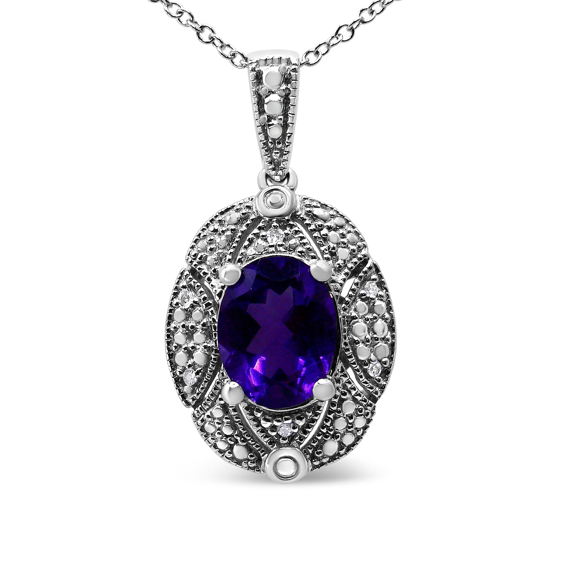 .925 Sterling Silver Diamond Accent and 9x7mm Purple Oval Amethyst Gemstone Pendant 18" Necklace (I-J Color, I1-I2 Clarity) Bids.com