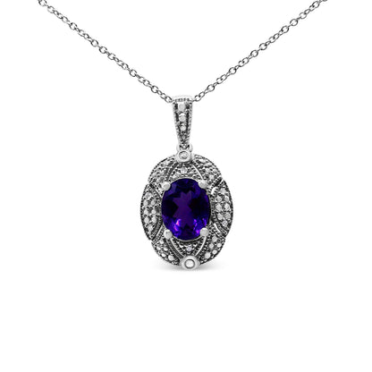 .925 Sterling Silver Diamond Accent and 9x7mm Purple Oval Amethyst Gemstone Pendant 18" Necklace (I-J Color, I1-I2 Clarity) Bids.com