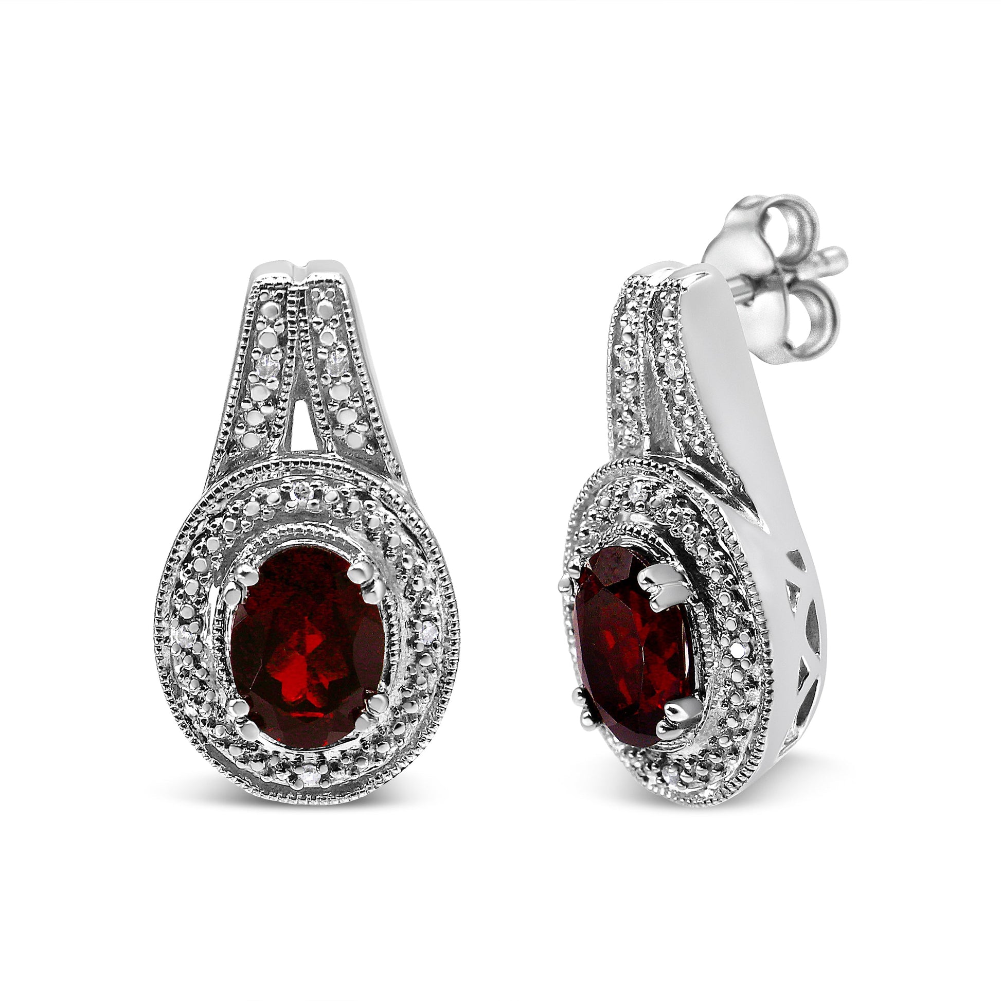 .925 Sterling Silver Diamond Accent and 8x6mm Red Oval Garnet Stud Earrings (I-J Color, I1-I2 Clarity) Bids.com