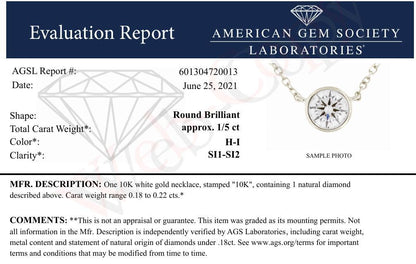 AGS Certified 10K White Gold 1/5 Cttw Bezel Set Round Diamond Solitaire 16-18" Adjustable Pendant Necklace (H-I Color, SI1-SI2 Clarity) Bids.com