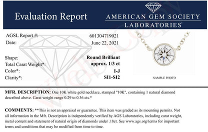 AGS Certified 10K White Gold 1/3 Cttw Bezel Set Round Diamond Solitaire 16-18" Adjustable Pendant Necklace (I-J Color, SI1-SI2 Clarity) Bids.com