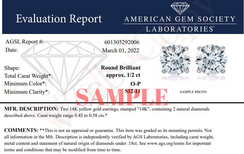 AGS Certified 14K Yellow Gold 1/2 Cttw 4 Prong Set Brilliant Round-Cut Solitaire Diamond Push Back Stud Earrings (O-P, Color, SI2-I1 Clarity) Bids.com