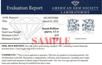 AGS Certified 14K Yellow Gold 1/2 Cttw 4 Prong Set Brilliant Round-Cut Solitaire Diamond Push Back Stud Earrings (O-P, Color, SI2-I1 Clarity) Bids.com