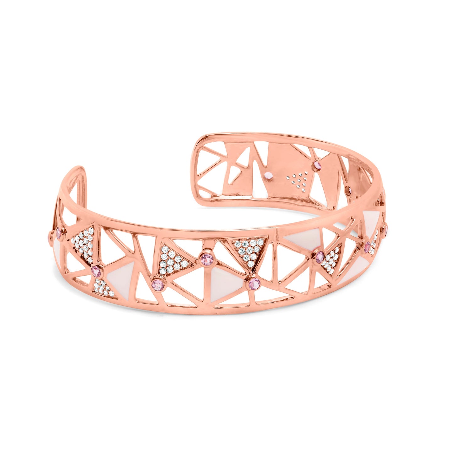 14K Rose Gold 5/8 Cttw Diamond with Pink Tourmaline Open Cuff Bangle with White Enamel (G-H Color, SI1-SI2 Clarity) - 7" Bids.com