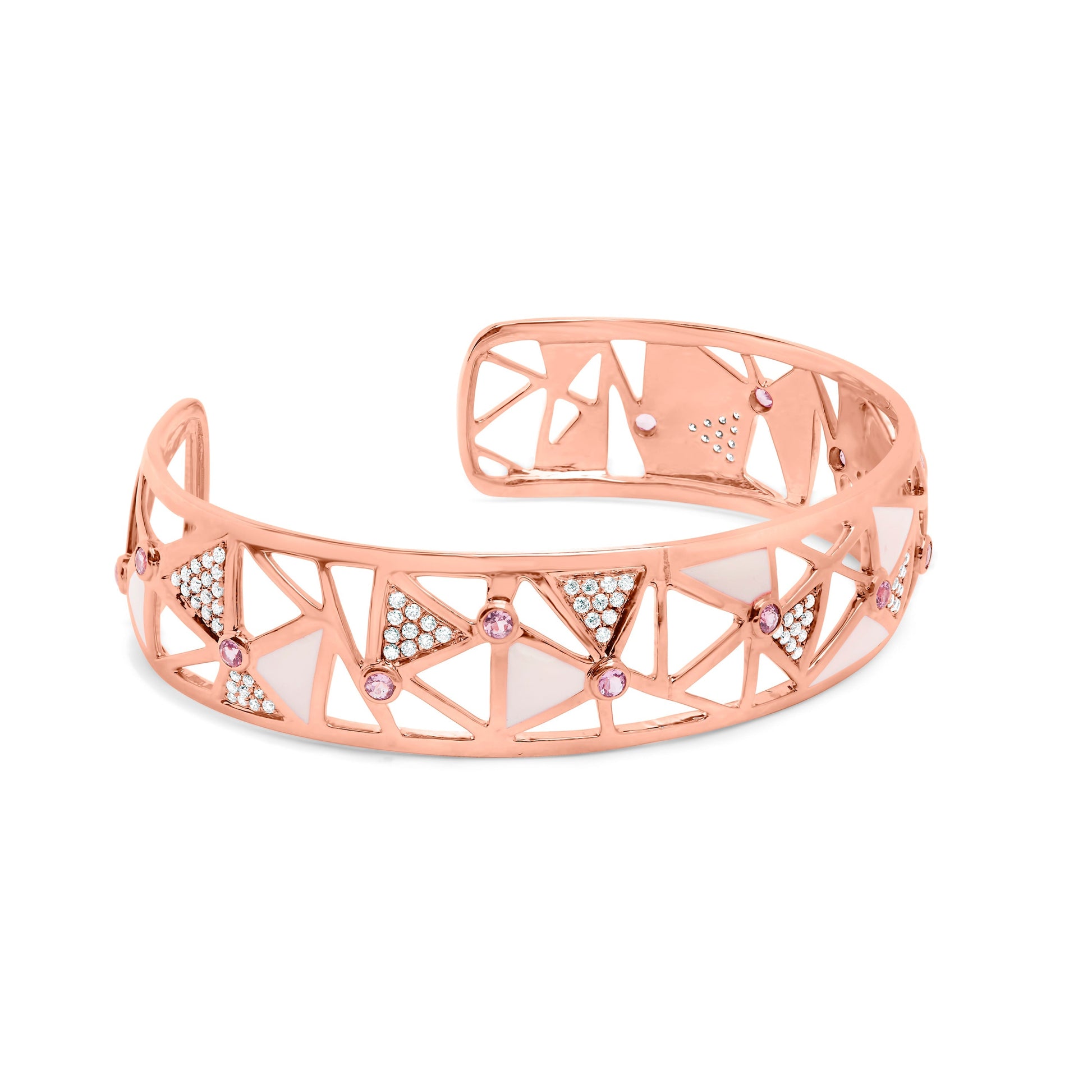 14K Rose Gold 5/8 Cttw Diamond with Pink Tourmaline Open Cuff Bangle with White Enamel (G-H Color, SI1-SI2 Clarity) - 7" Bids.com