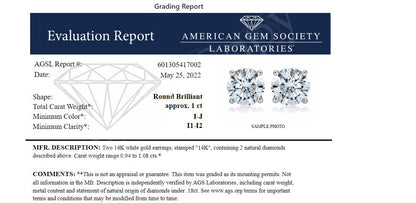 AGS Certified 14K White Gold 1.0 Cttw 4-Prong Set Brilliant Round-Cut Solitaire Diamond Push Back Stud Earrings (I-J Color, I1-I2 Clarity) Bids.com
