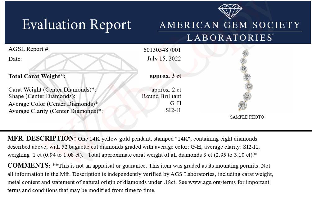 AGS Certified 14K Yellow Gold 3.0 Cttw Baguette and Brilliant Round-Cut Diamond Journey 18" Pendant Necklace (G-H Color, SI2-I1 Clarity) Bids.com