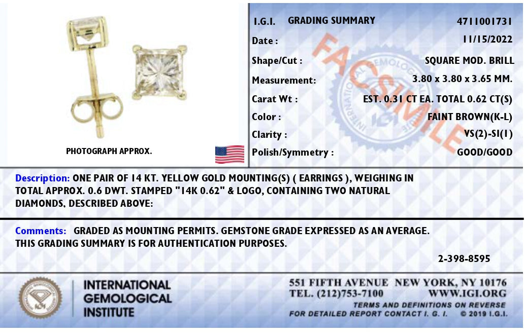 14K Yellow Gold 5/8 Cttw Princess Natural Brown Color Diamond 4-Prong Stud Earrings (Brown Color, VS2-SI1 Clarity) Bids.com