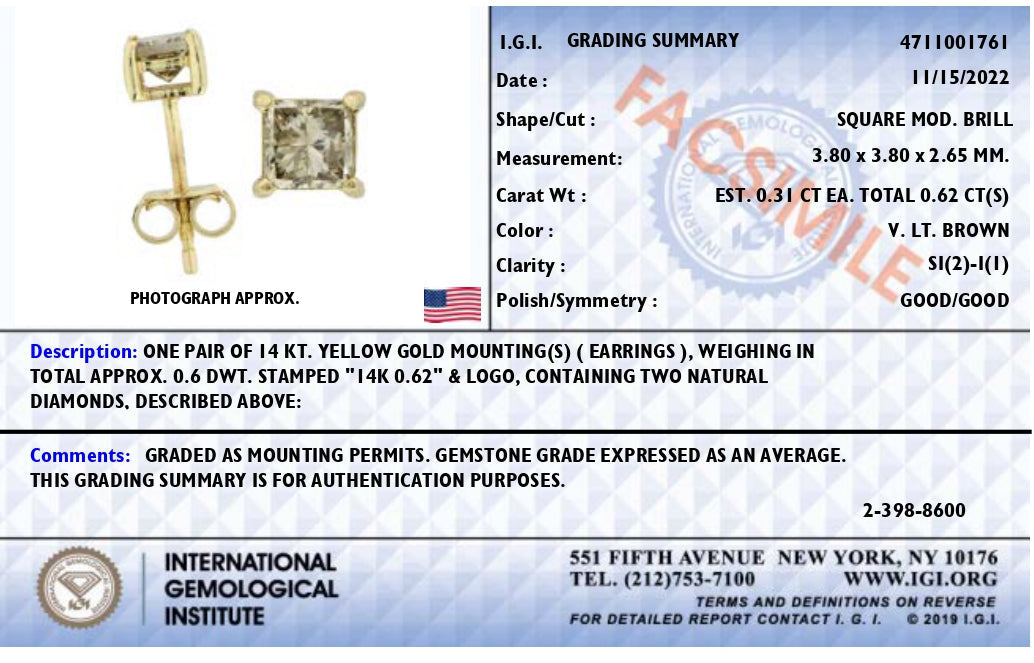 14K Yellow Gold 5/8 Cttw Princess Natural Brown Color Diamond 4-Prong Stud Earrings (Brown Color, SI2-I1 Clarity) Bids.com