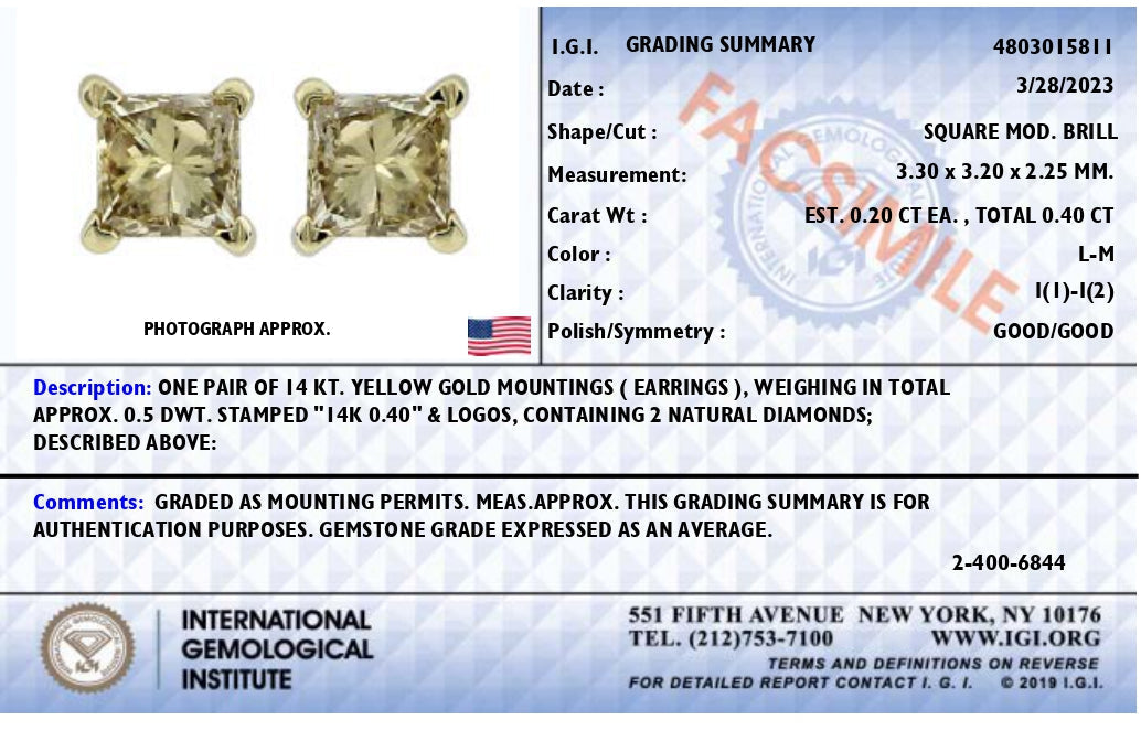 IGI Certified 3/8 Cttw Princess-Cut Square Diamond 4-Prong Solitaire Stud Earrings in 14K Yellow Gold (L-M Color, I1-I2 Clarity) Bids.com
