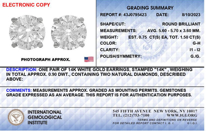 IGI Certified 14K White Gold 1 1/2 Cttw Round Diamond Solitaire Stud Earrings with Screwbacks (G-H Color, I1-I2 Clarity) Bids.com