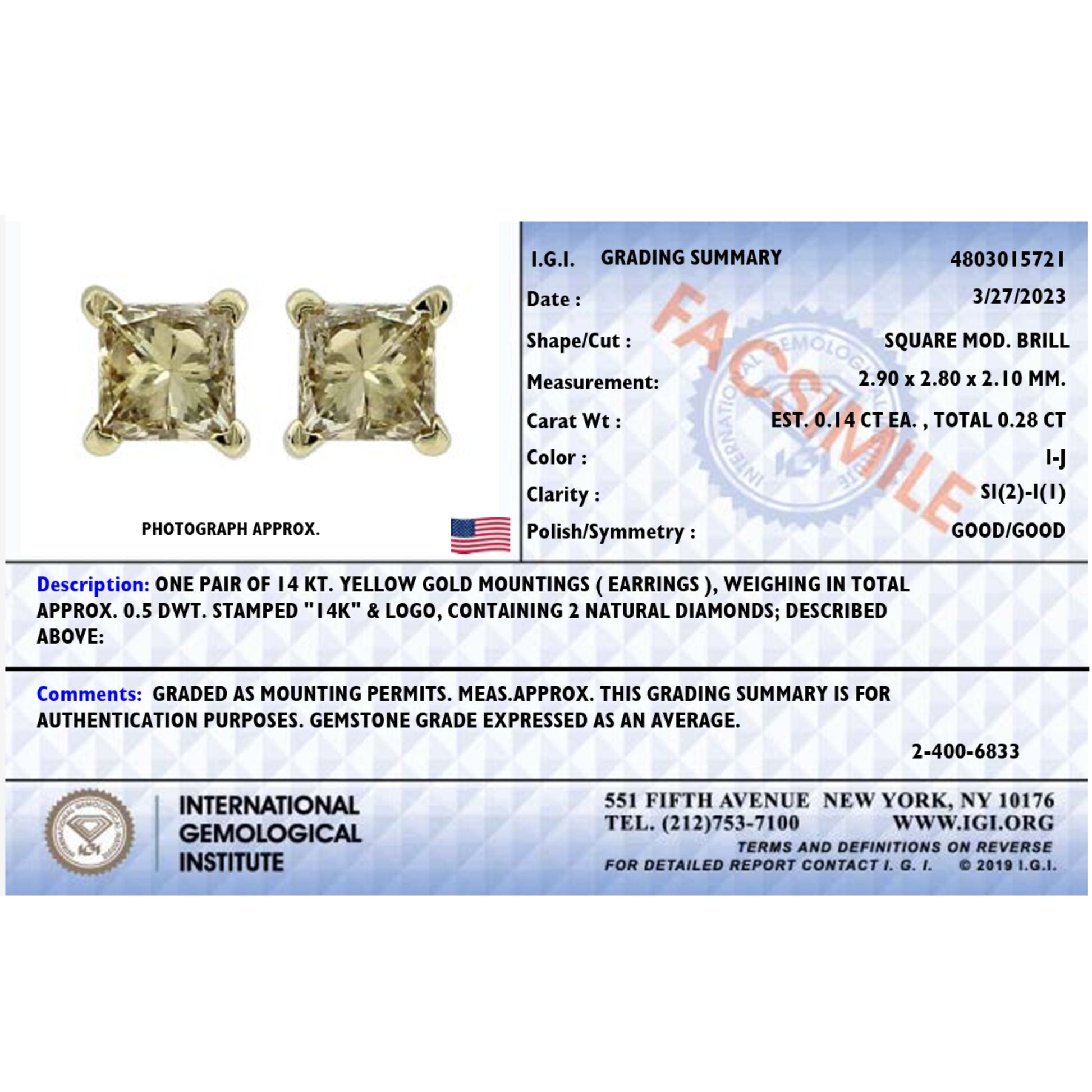 IGI Certified 14K Yellow Gold 1/4 Cttw Princess-Cut Diamond Solitaire Stud Earrings Bids.com