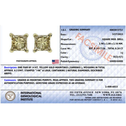 IGI Certified 14K Yellow Gold 1/4 Cttw Princess-Cut Diamond Solitaire Stud Earrings Bids.com