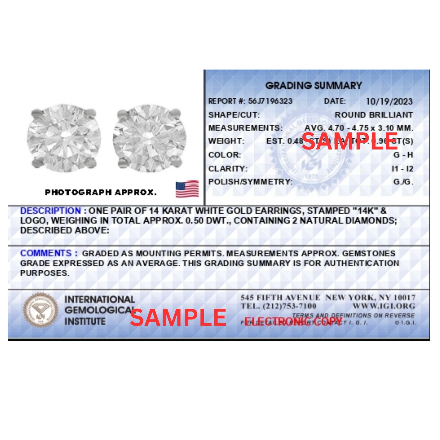 IGI Certified 14K White Gold 1.0 Cttw 4-Prong Set Brilliant Round-Cut Solitaire Natural Diamond Push Back Stud Earrings (G-H Color, I1-I2 Clarity) Bids.com
