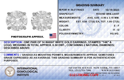 IGI Certified 14K White Gold 1.0 Cttw 4-Prong Set Brilliant Round-Cut Solitaire Diamond Push Back Stud Earrings (E-F Color, I1-I2 Clarity) Bids.com