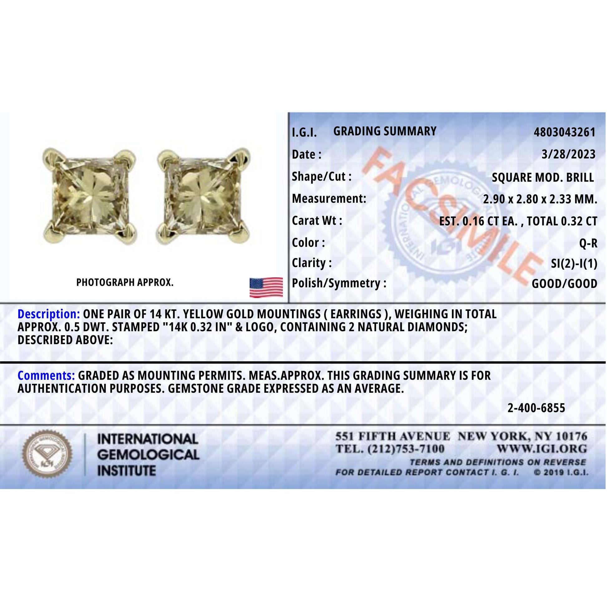 IGI Certified 14k Yellow Gold 1/3 Cttw 4-Prong Set Princess-Cut Solitaire Diamond Push Back Stud Earrings (Q-R Color, I1-I2 Clarity) Bids.com