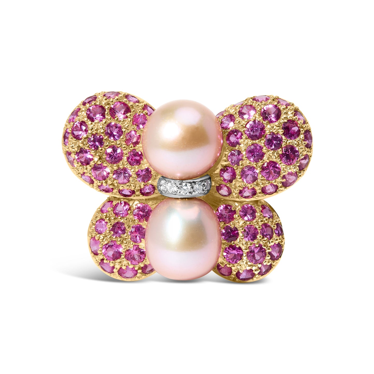 18K Yellow and White Gold 9MM South Sea Pearl and Pink Sapphire Butterfly Pin Brooch with Diamond Accent (F-G Color, VS1-VS2 Clarity) Bids.com