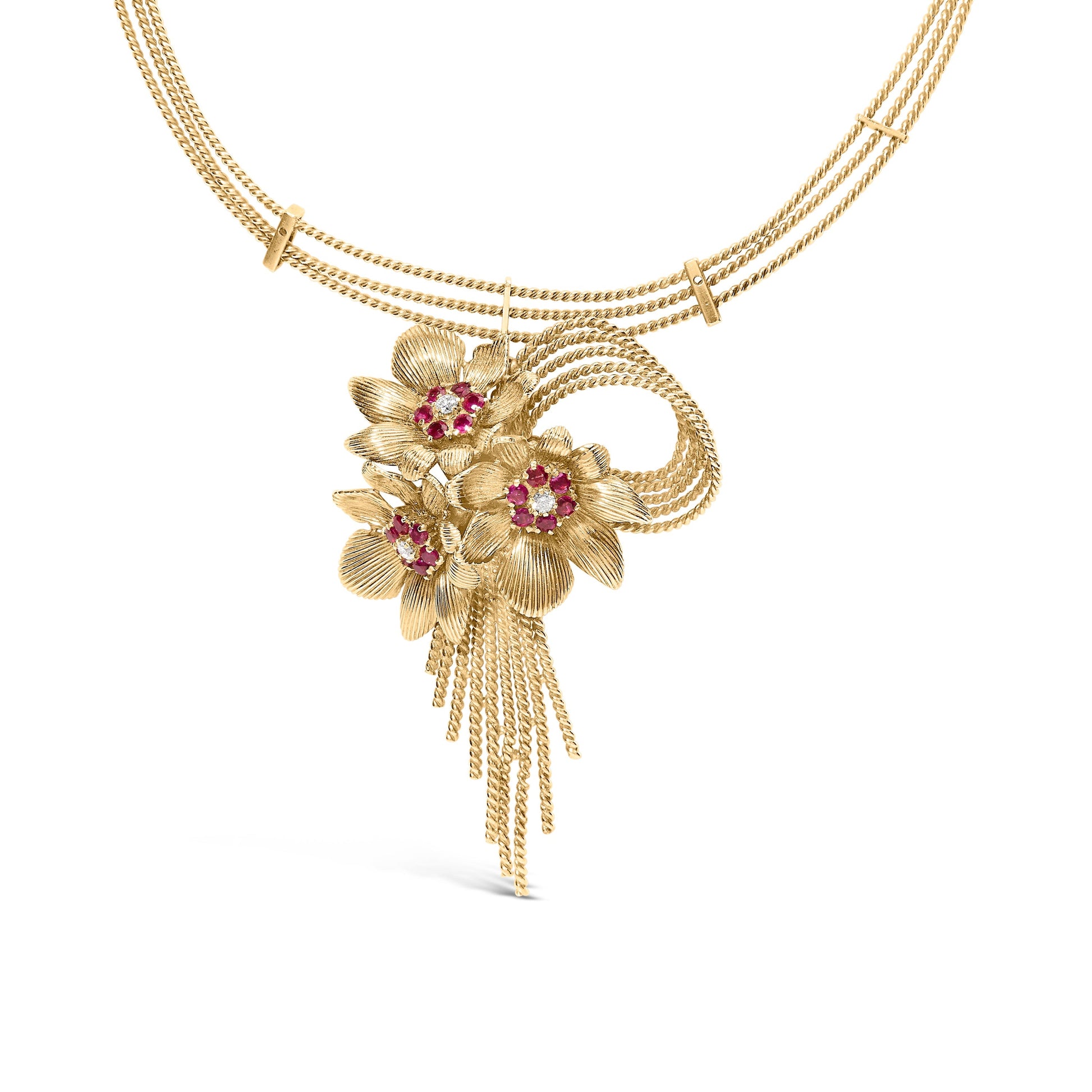 18K Yellow Gold Diamond and Red Ruby Floral Cascade Statement Necklace with 16" Inch Bead Chain (F-G Color, VS1-VS2 Clarity) Bids.com