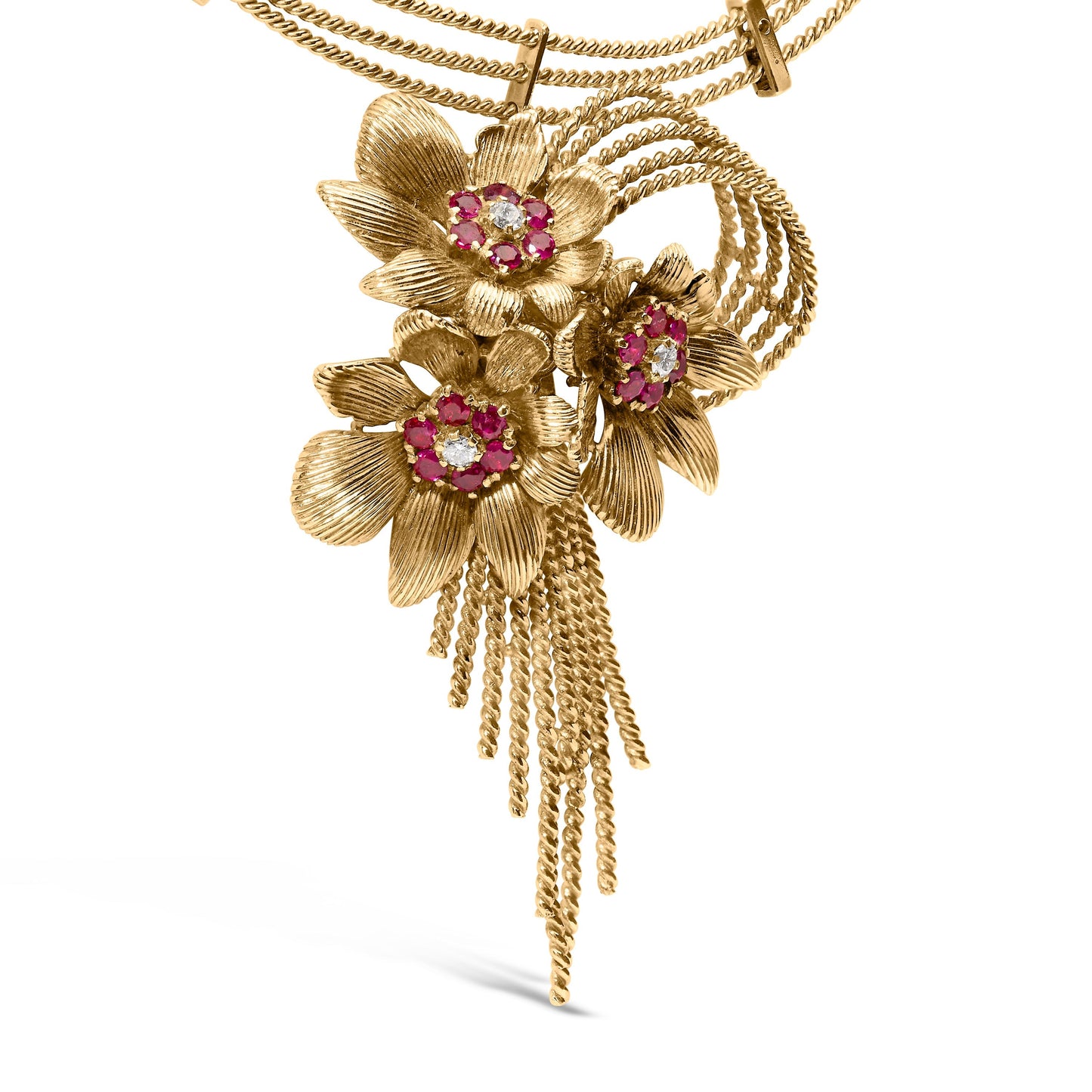 18K Yellow Gold Diamond and Red Ruby Floral Cascade Statement Necklace with 16" Inch Bead Chain (F-G Color, VS1-VS2 Clarity) Bids.com