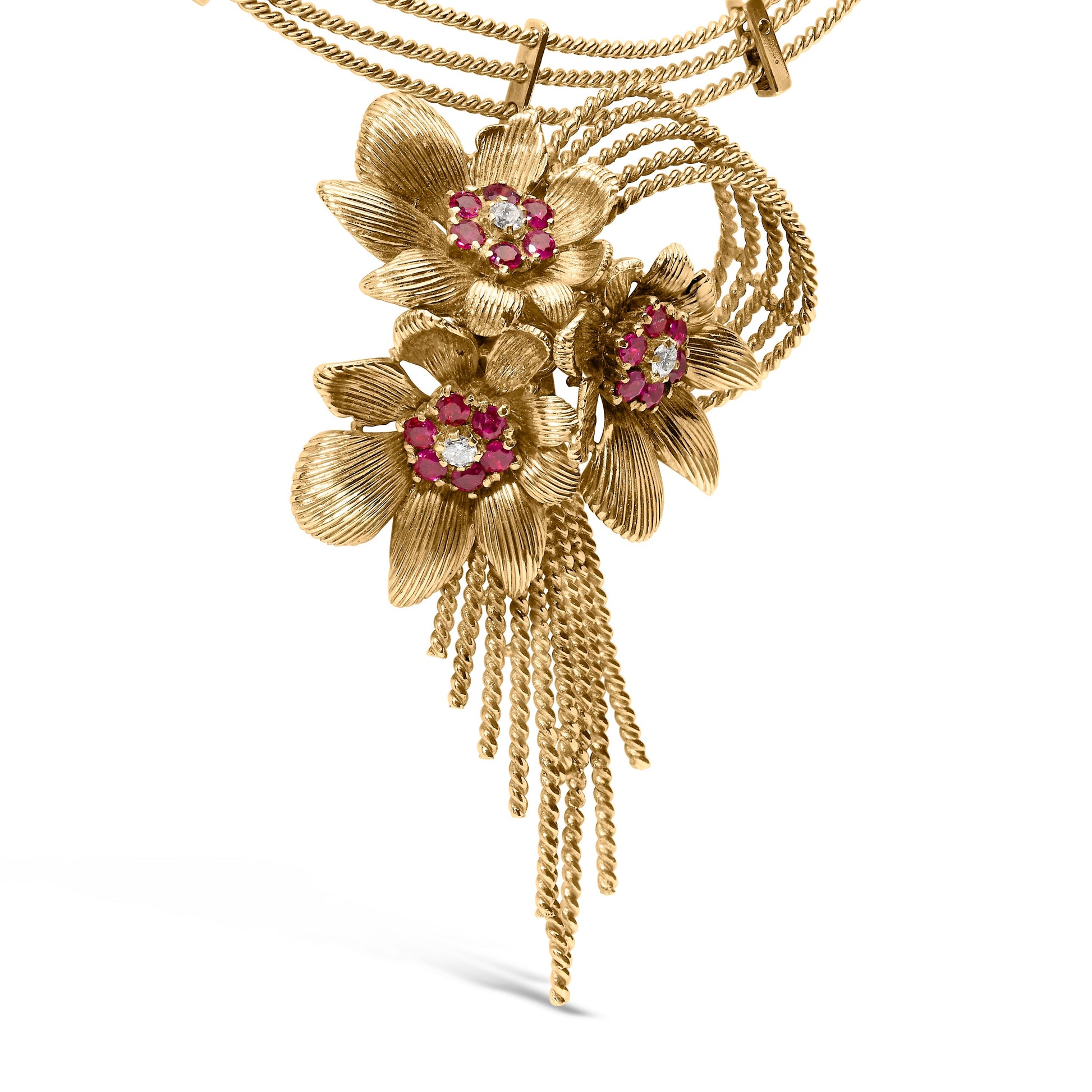 18K Yellow Gold Diamond and Red Ruby Floral Cascade Statement Necklace with 16" Inch Bead Chain (F-G Color, VS1-VS2 Clarity) Bids.com