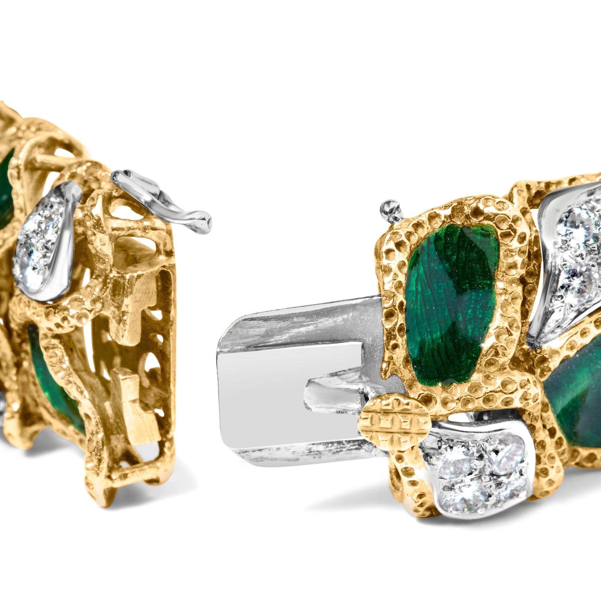 18K Yellow Gold 3 1/4 Cttw Diamond and Green Enamel Gold Textured Bracelet (G-H Color, VS1-VS2 Clarity) - 7" Inches Bids.com