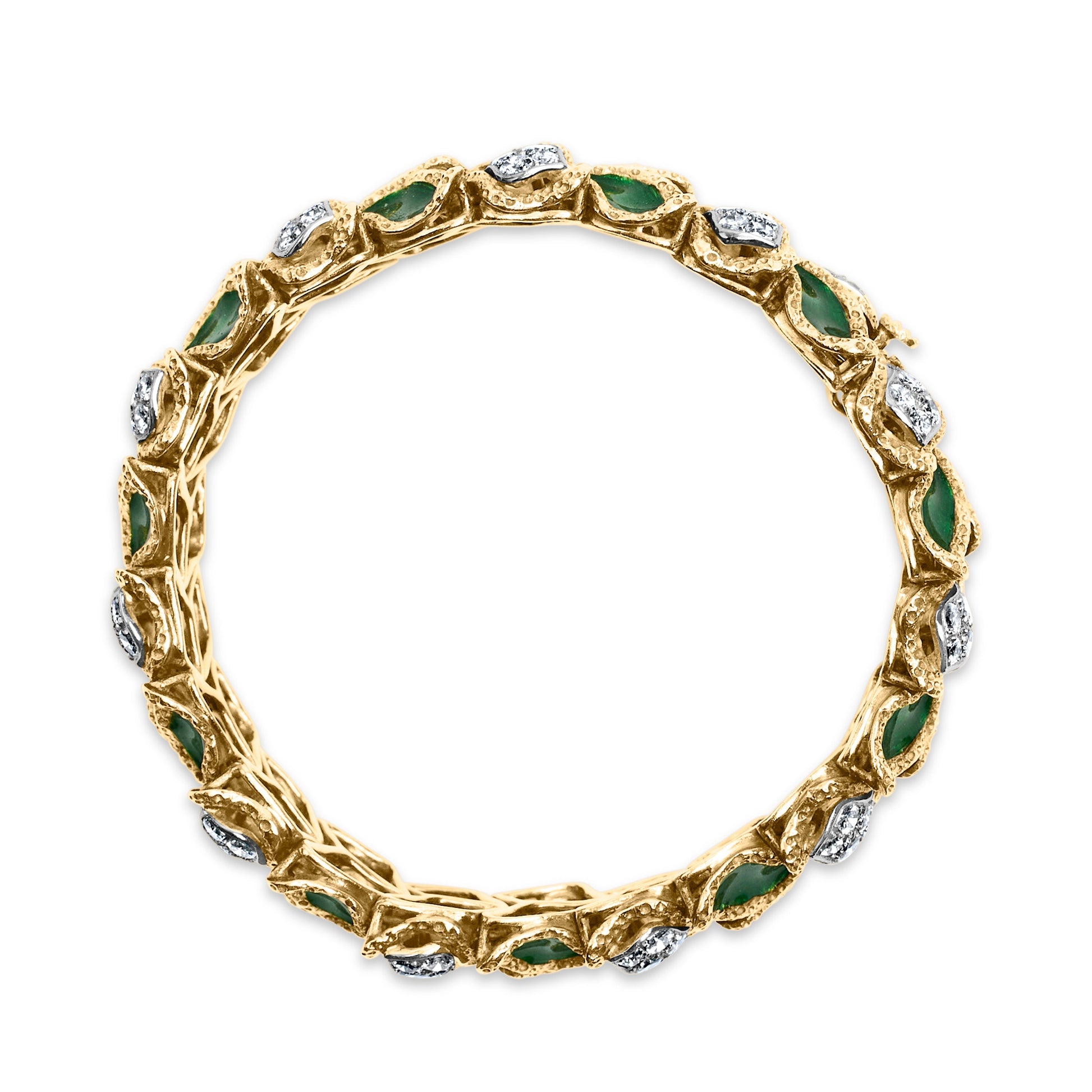 18K Yellow Gold 3 1/4 Cttw Diamond and Green Enamel Gold Textured Bracelet (G-H Color, VS1-VS2 Clarity) - 7" Inches Bids.com