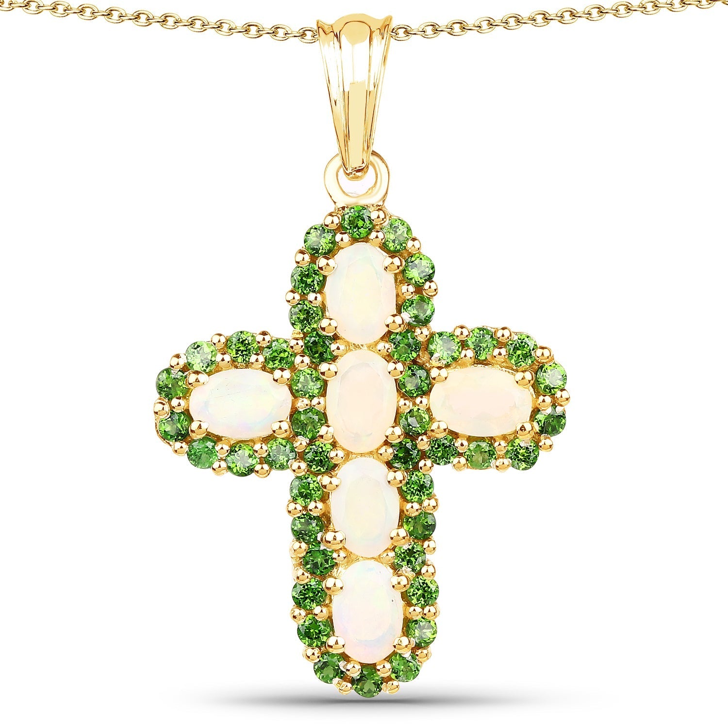 14K Yellow Gold Plated 3.11 Carat Genuine Ethiopian Opal and Chrome Diopside .925 Sterling Silver Pendant Bids.com