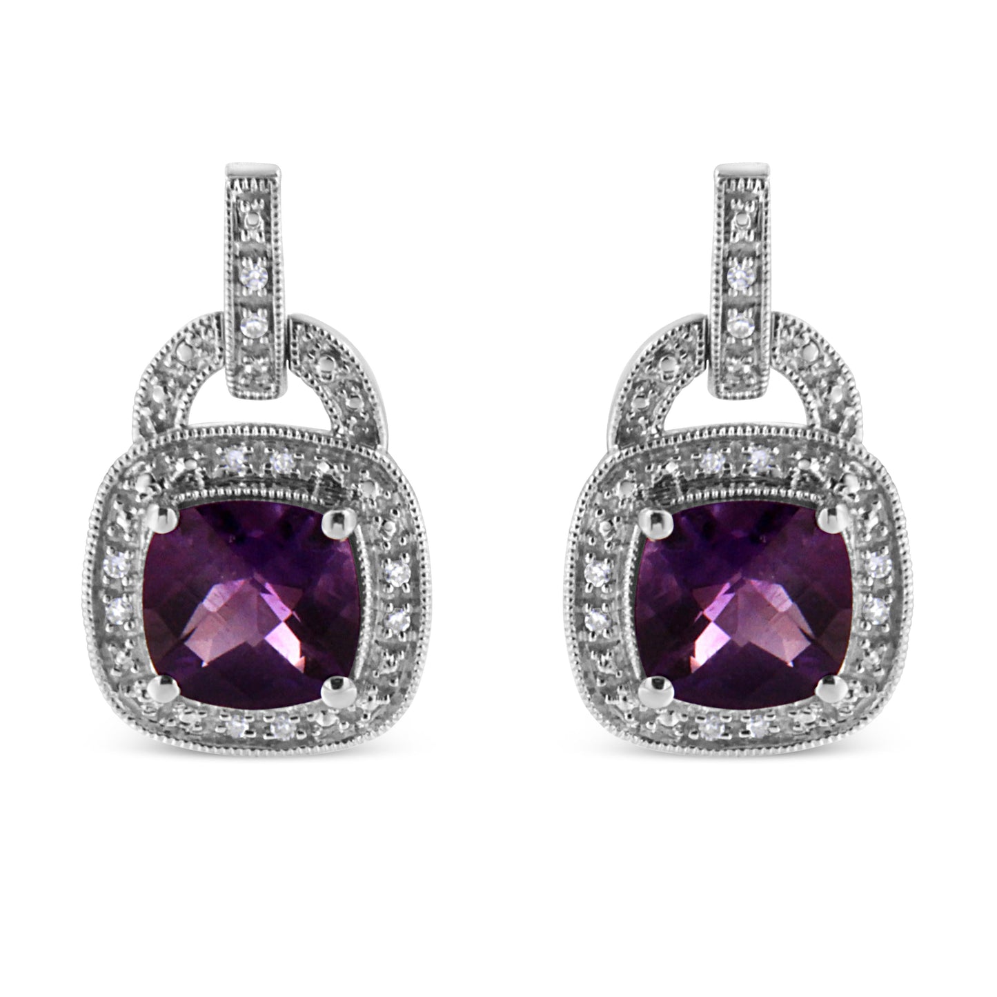 .925 Sterling Silver 8MM Natural Cushion Shaped Amethyst and Diamond Accent Halo with Push Back Dangle Earrings (I-J Color, I2-I3 Clarity) Bids.com