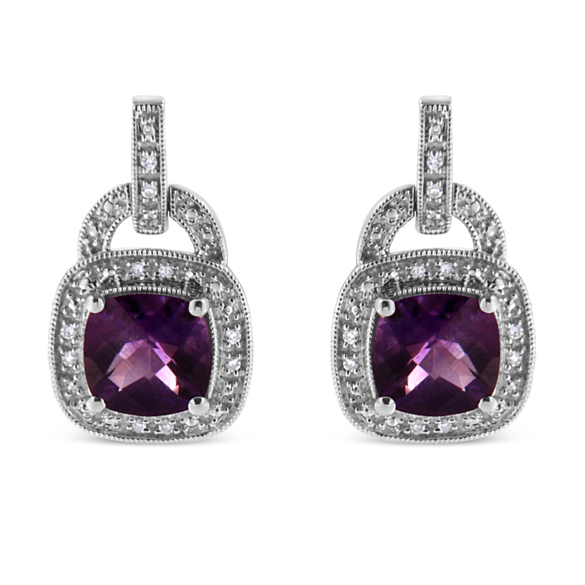 .925 Sterling Silver 8MM Natural Cushion Shaped Amethyst and Diamond Accent Halo with Push Back Dangle Earrings (I-J Color, I2-I3 Clarity) Bids.com