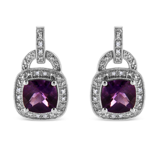 .925 Sterling Silver 8MM Natural Cushion Shaped Amethyst and Diamond Accent Halo with Push Back Dangle Earrings (I-J Color, I2-I3 Clarity) Bids.com