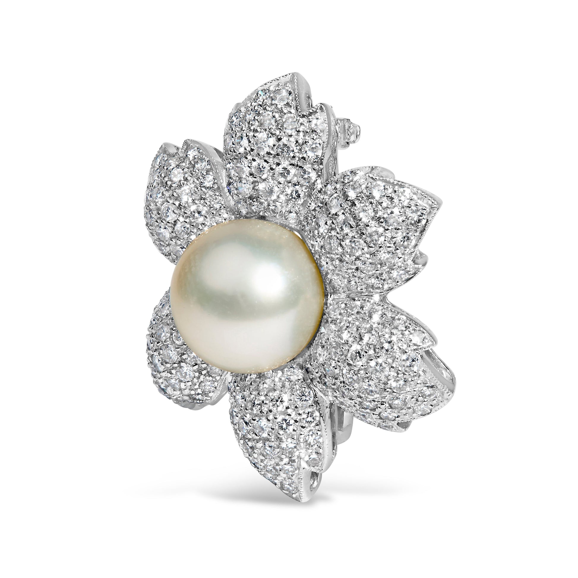 18K White Gold 2 3/4 Cttw Diamond and 12.5 MM Cultured Freshwater Pearl Floral Brooch Pin (G-H Color, VS1-VS2 Clarity) Bids.com