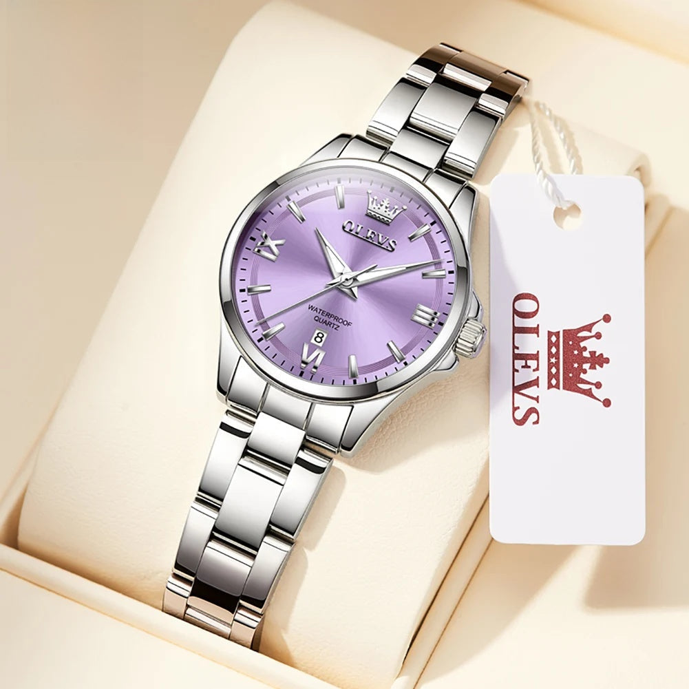 Women's Stainless Steel Watch Lavender Dial Calendar BandsCo Straps