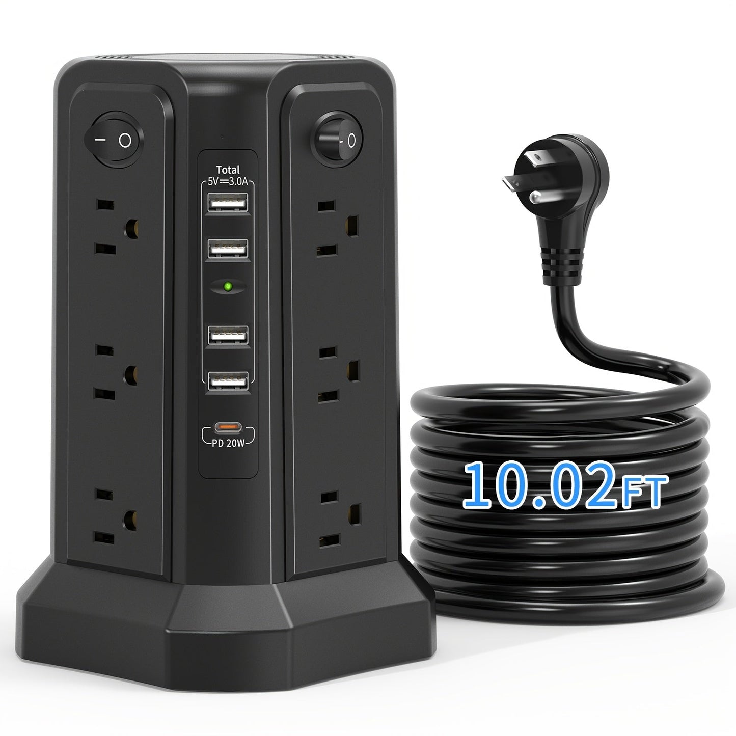 Surge Protector Tower 1800J with 4 USB A Ports, USB C (PD18W) Port, 12 AC Outlets and 10FT Cord DailySale